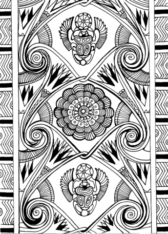 Ancient Egypt Pattern With Scarabaeus Sacer And Lotus Coloring Page